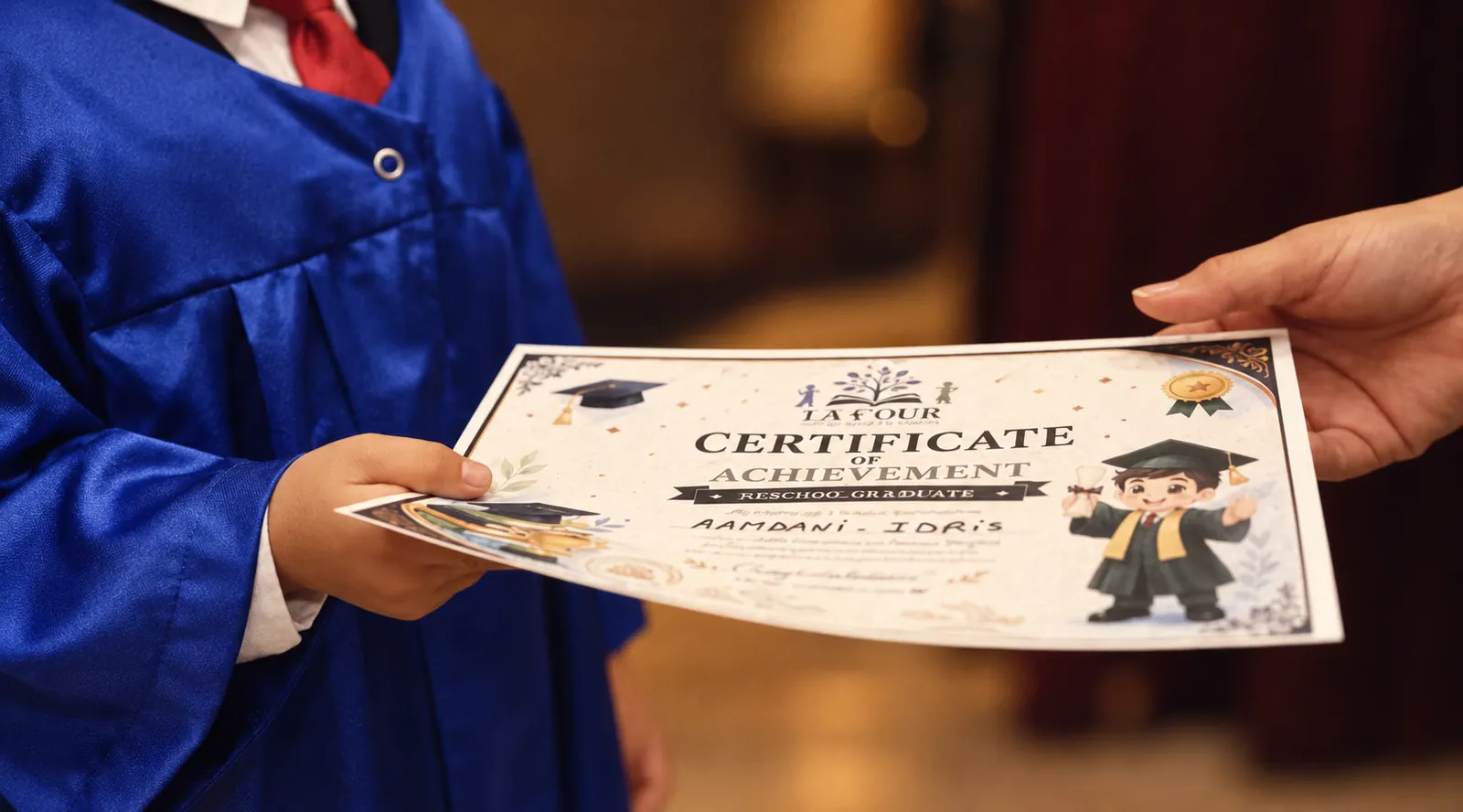 Diplôme remis entre les mains d’un enfant